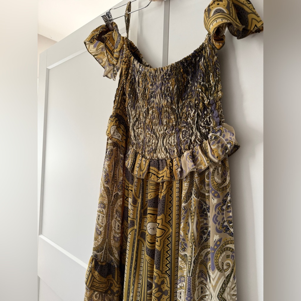 Yellow Paisley Off Shoulder Boho Maxi Dress sz M Festival Indie Airy Celestial - Picture 6 of 9